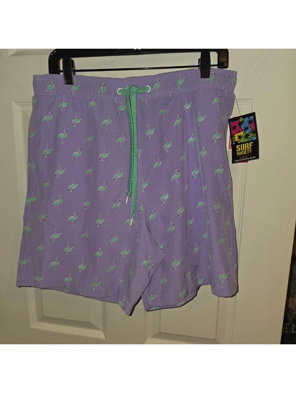 SURF SOCIETY PURPLE/TEAL FLAMINGO PRINT SWIM TRUNKS BOARD SHORTS NWT LARGE